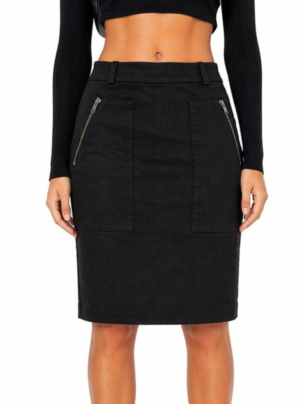 NWOT Black Fitted Pencil Skirt with Smoke Zipper Detail Above Knee 19" 0